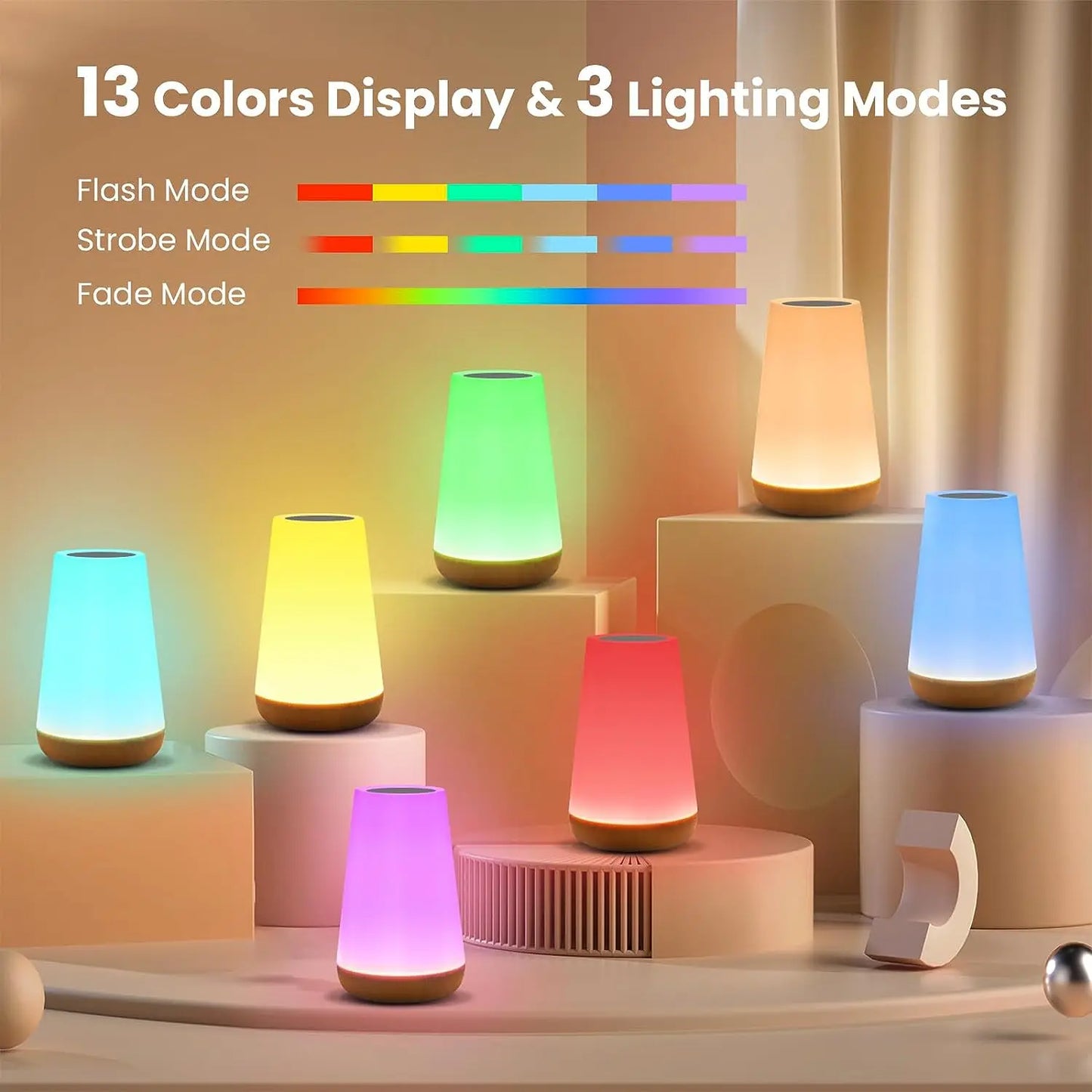 Table Lamp Bedside Lamp for Bedroom 13 Color Changing Touch Night Light RGB Remote Dimmable USB Rechargeable Portable Room Light