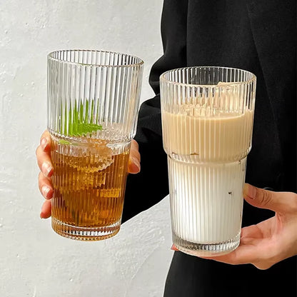 600ML Stripe Glass Coffee Cup with Lid and Straw Transparent Drinking Glasses for Juice Milk Tea Cups Iced Coffee Mugs Drinkware